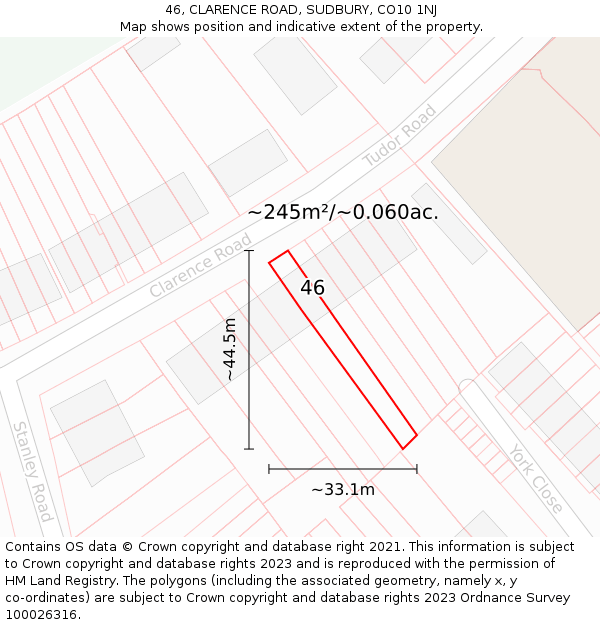 46, CLARENCE ROAD, SUDBURY, CO10 1NJ: Plot and title map
