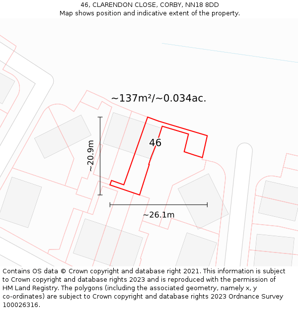 46, CLARENDON CLOSE, CORBY, NN18 8DD: Plot and title map