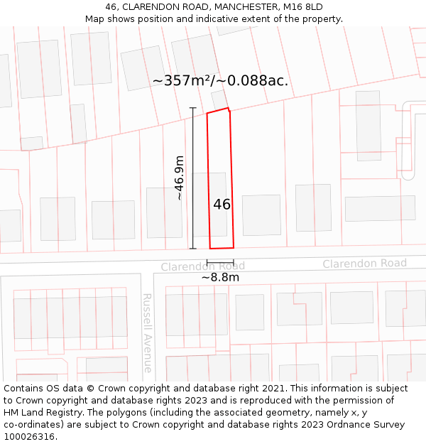 46, CLARENDON ROAD, MANCHESTER, M16 8LD: Plot and title map