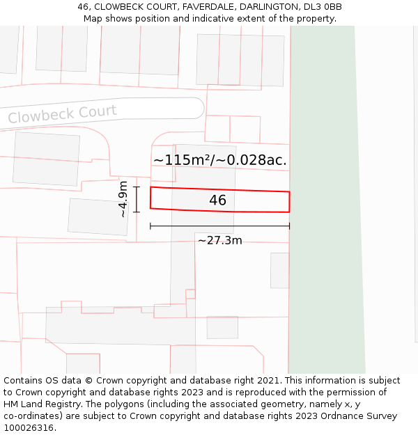 46, CLOWBECK COURT, FAVERDALE, DARLINGTON, DL3 0BB: Plot and title map