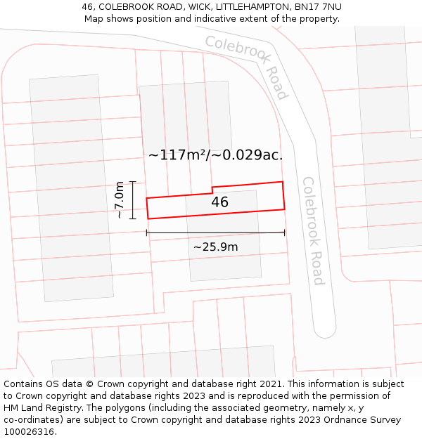 46, COLEBROOK ROAD, WICK, LITTLEHAMPTON, BN17 7NU: Plot and title map