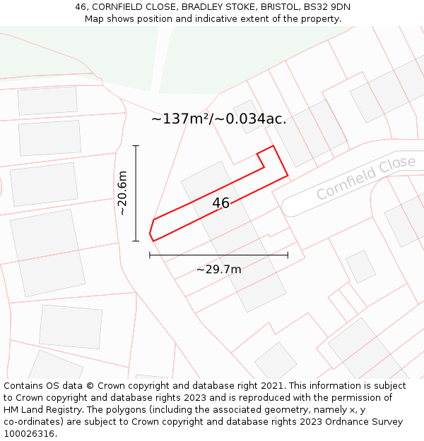46, CORNFIELD CLOSE, BRADLEY STOKE, BRISTOL, BS32 9DN: Plot and title map