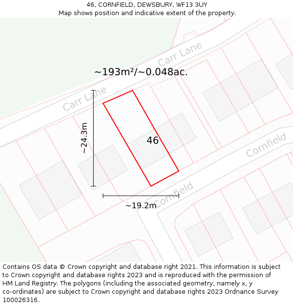 46, CORNFIELD, DEWSBURY, WF13 3UY: Plot and title map
