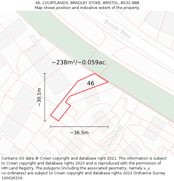 46, COURTLANDS, BRADLEY STOKE, BRISTOL, BS32 9BB: Plot and title map