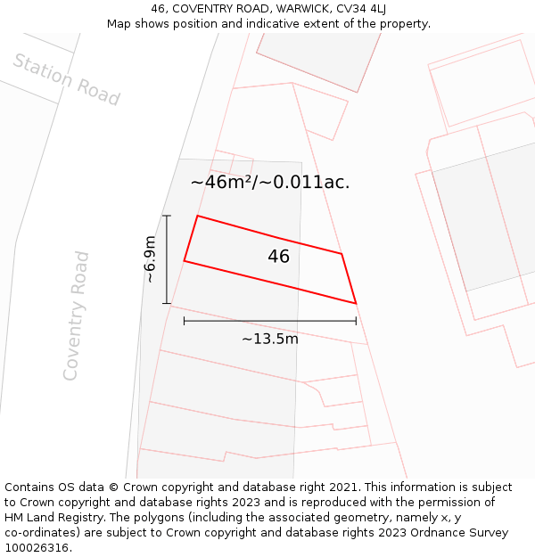 46, COVENTRY ROAD, WARWICK, CV34 4LJ: Plot and title map