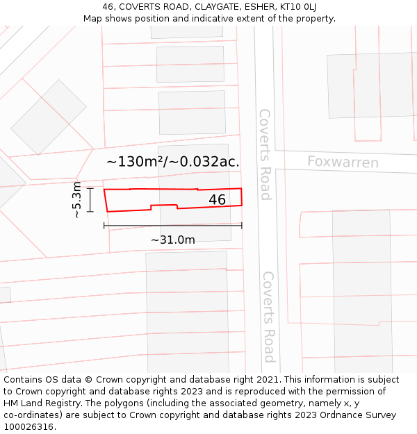 46, COVERTS ROAD, CLAYGATE, ESHER, KT10 0LJ: Plot and title map