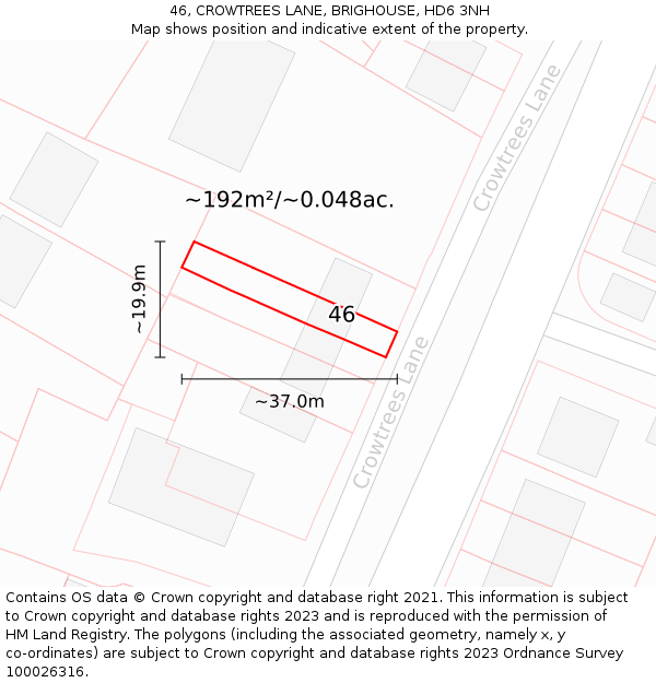 46, CROWTREES LANE, BRIGHOUSE, HD6 3NH: Plot and title map