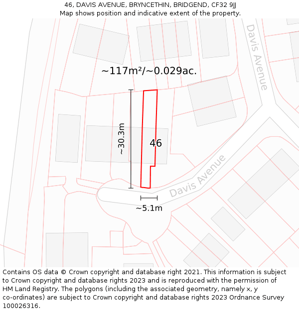 46, DAVIS AVENUE, BRYNCETHIN, BRIDGEND, CF32 9JJ: Plot and title map