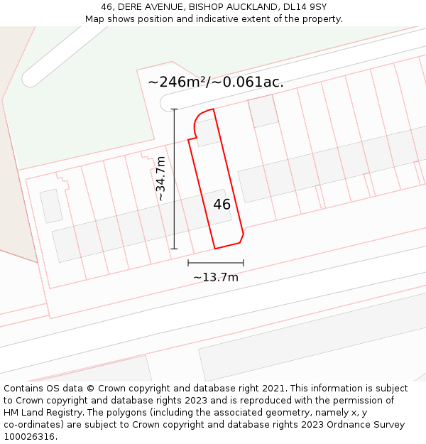 46, DERE AVENUE, BISHOP AUCKLAND, DL14 9SY: Plot and title map