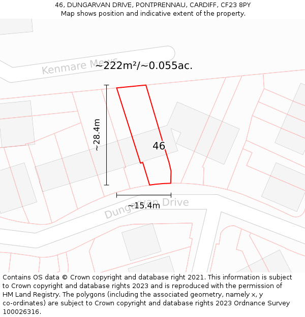 46, DUNGARVAN DRIVE, PONTPRENNAU, CARDIFF, CF23 8PY: Plot and title map
