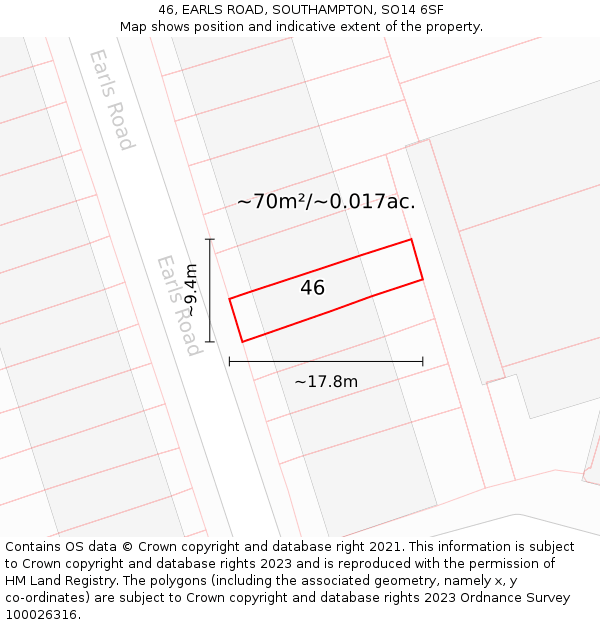 46, EARLS ROAD, SOUTHAMPTON, SO14 6SF: Plot and title map