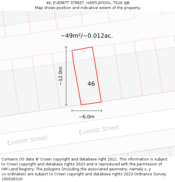 46, EVERETT STREET, HARTLEPOOL, TS26 0JB: Plot and title map