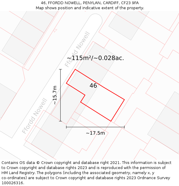 46, FFORDD NOWELL, PENYLAN, CARDIFF, CF23 9FA: Plot and title map