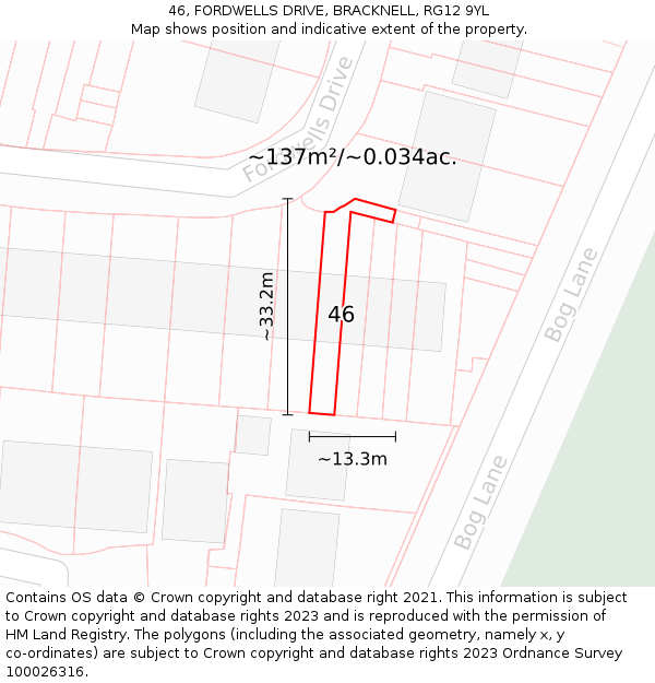 46, FORDWELLS DRIVE, BRACKNELL, RG12 9YL: Plot and title map