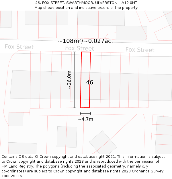 46, FOX STREET, SWARTHMOOR, ULVERSTON, LA12 0HT: Plot and title map