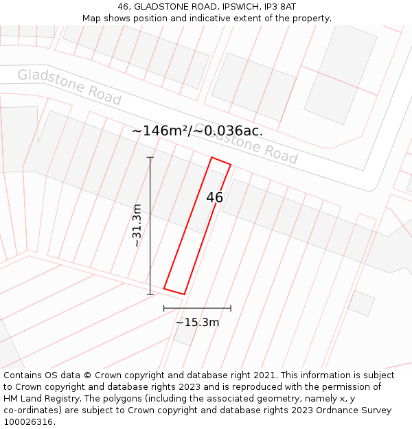 46, GLADSTONE ROAD, IPSWICH, IP3 8AT: Plot and title map