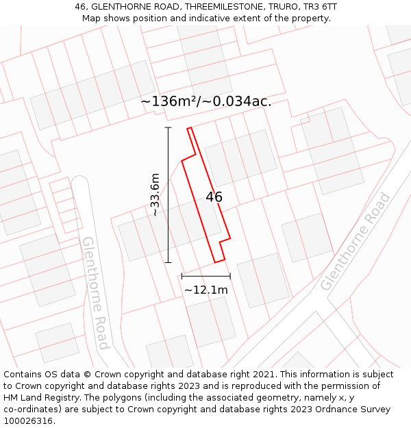 46, GLENTHORNE ROAD, THREEMILESTONE, TRURO, TR3 6TT: Plot and title map