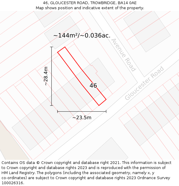 46, GLOUCESTER ROAD, TROWBRIDGE, BA14 0AE: Plot and title map