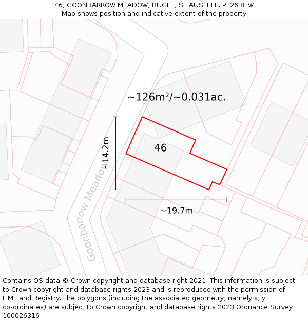 46, GOONBARROW MEADOW, BUGLE, ST AUSTELL, PL26 8FW: Plot and title map