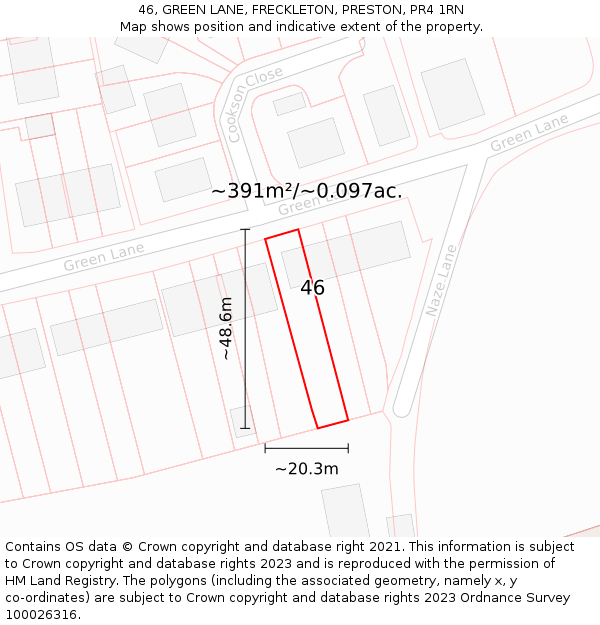 46, GREEN LANE, FRECKLETON, PRESTON, PR4 1RN: Plot and title map