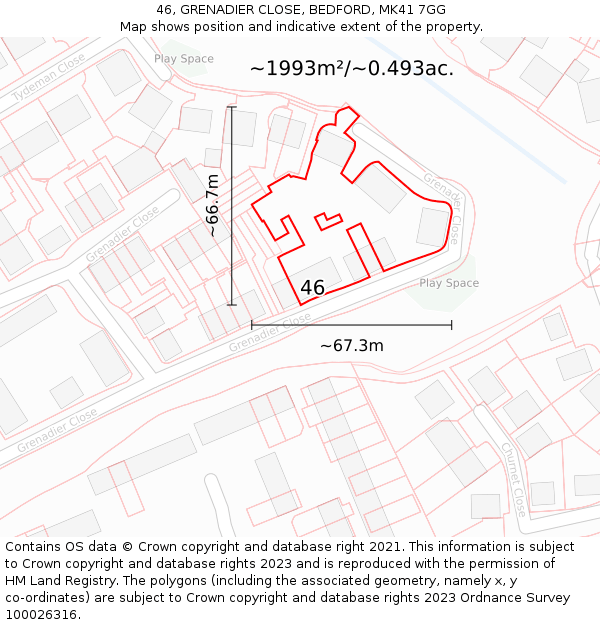 46, GRENADIER CLOSE, BEDFORD, MK41 7GG: Plot and title map