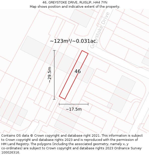 46, GREYSTOKE DRIVE, RUISLIP, HA4 7YN: Plot and title map