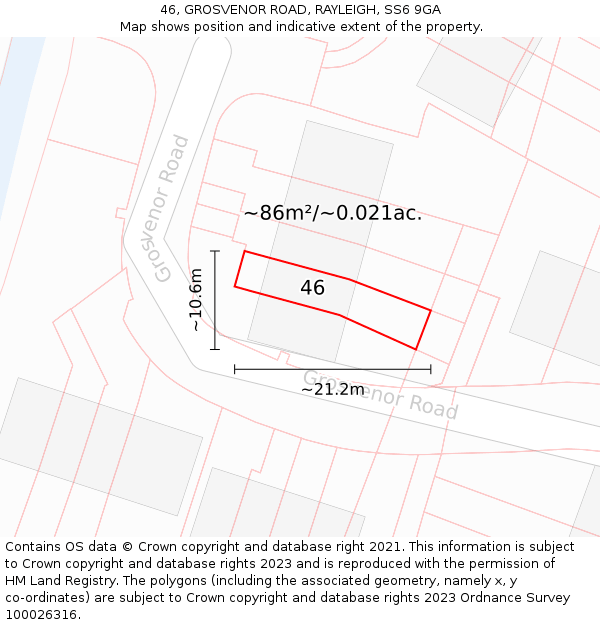 46, GROSVENOR ROAD, RAYLEIGH, SS6 9GA: Plot and title map