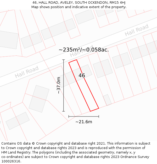 46, HALL ROAD, AVELEY, SOUTH OCKENDON, RM15 4HJ: Plot and title map