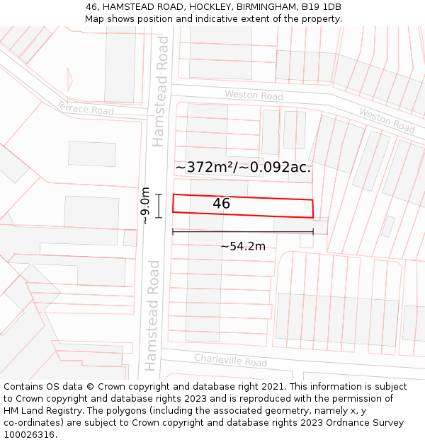 46, HAMSTEAD ROAD, HOCKLEY, BIRMINGHAM, B19 1DB: Plot and title map