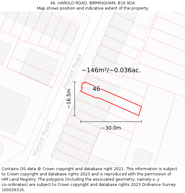46, HAROLD ROAD, BIRMINGHAM, B16 9DA: Plot and title map