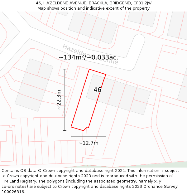 46, HAZELDENE AVENUE, BRACKLA, BRIDGEND, CF31 2JW: Plot and title map
