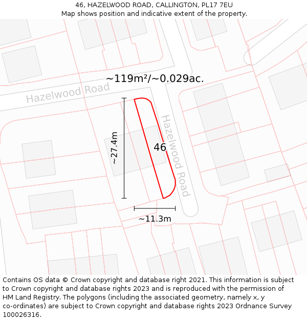 46, HAZELWOOD ROAD, CALLINGTON, PL17 7EU: Plot and title map