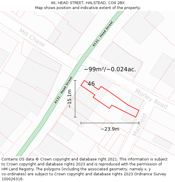46, HEAD STREET, HALSTEAD, CO9 2BX: Plot and title map