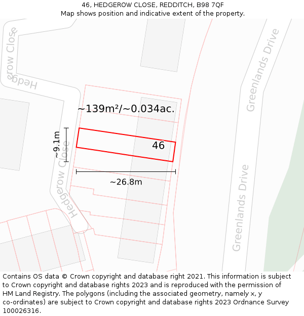 46, HEDGEROW CLOSE, REDDITCH, B98 7QF: Plot and title map