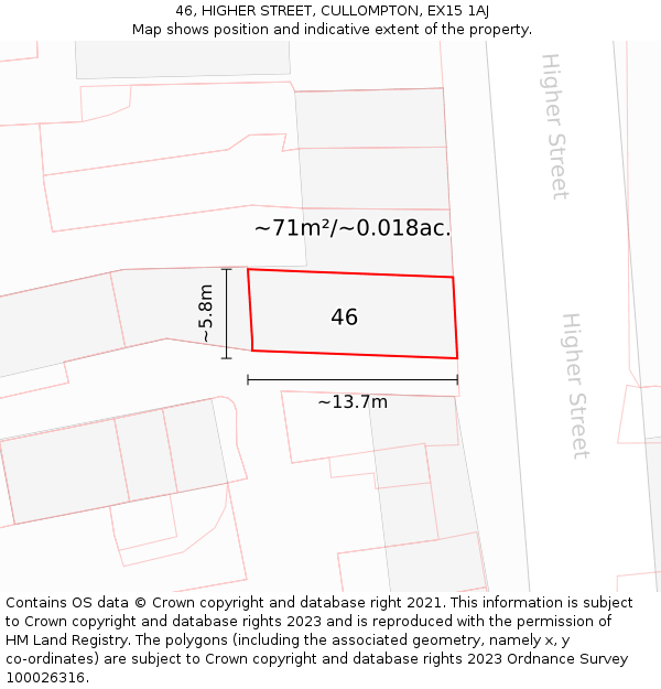 46, HIGHER STREET, CULLOMPTON, EX15 1AJ: Plot and title map