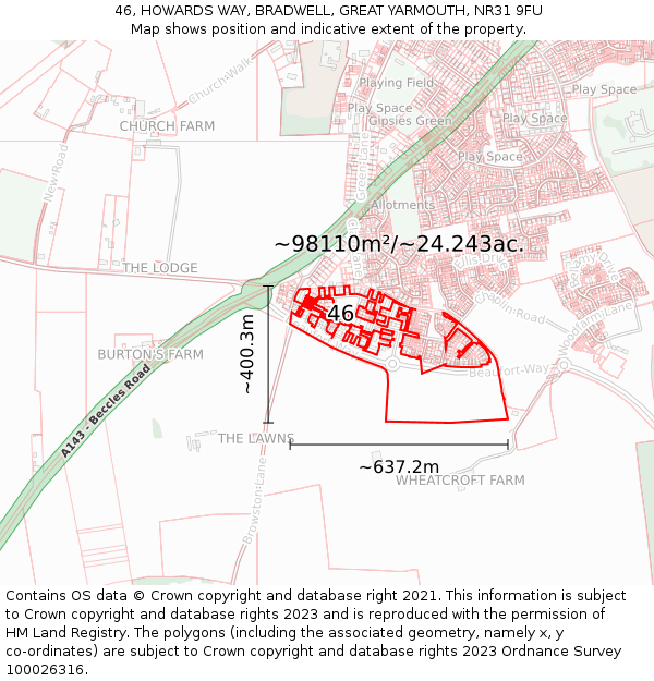 46, HOWARDS WAY, BRADWELL, GREAT YARMOUTH, NR31 9FU: Plot and title map
