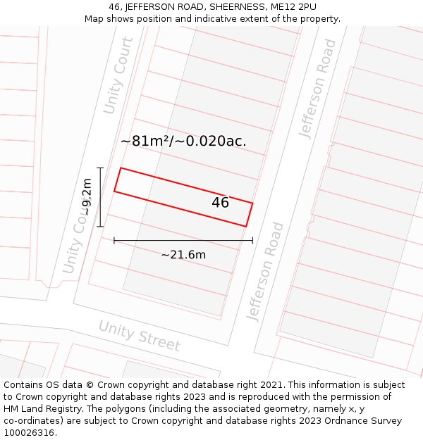 46, JEFFERSON ROAD, SHEERNESS, ME12 2PU: Plot and title map
