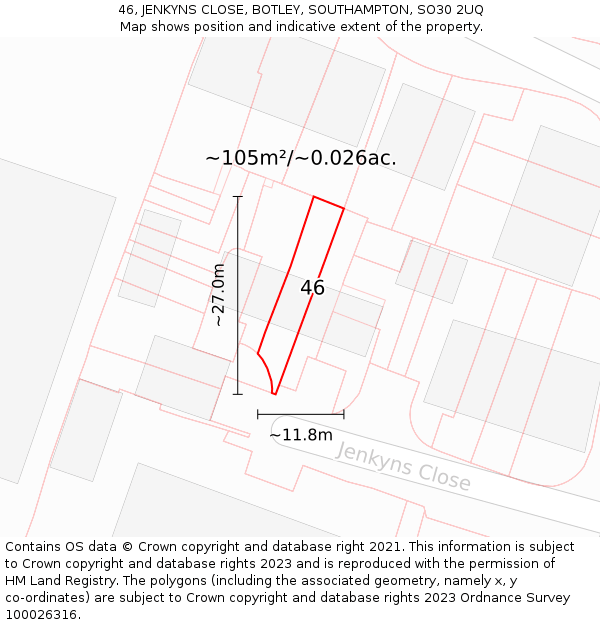 46, JENKYNS CLOSE, BOTLEY, SOUTHAMPTON, SO30 2UQ: Plot and title map