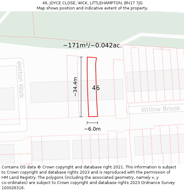 46, JOYCE CLOSE, WICK, LITTLEHAMPTON, BN17 7JG: Plot and title map