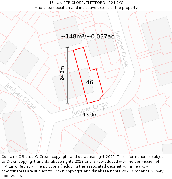 46, JUNIPER CLOSE, THETFORD, IP24 2YG: Plot and title map