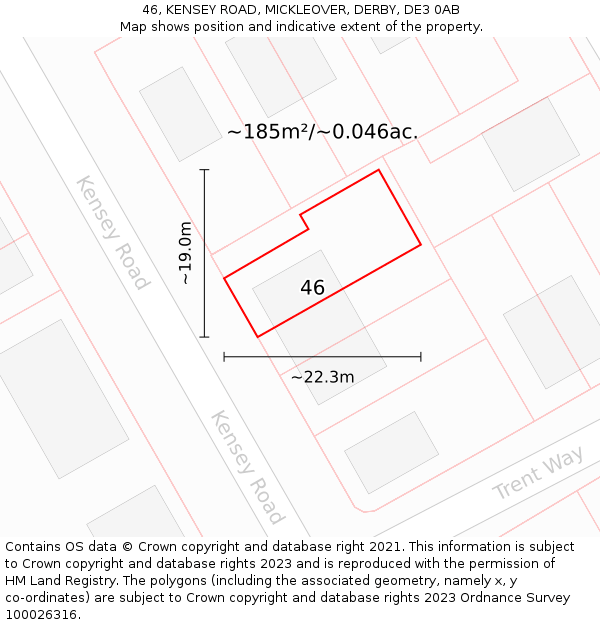 46, KENSEY ROAD, MICKLEOVER, DERBY, DE3 0AB: Plot and title map