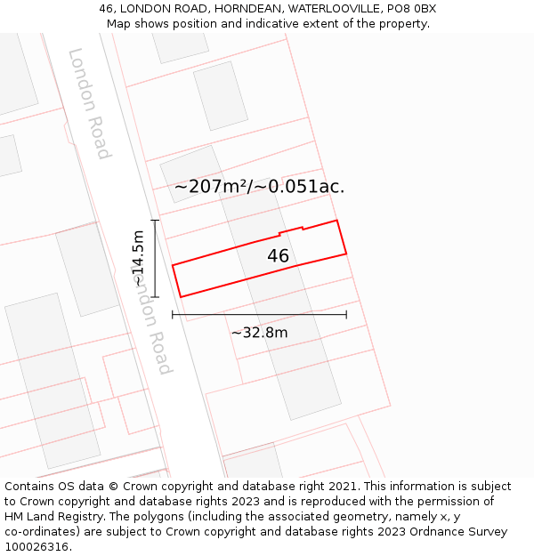 46, LONDON ROAD, HORNDEAN, WATERLOOVILLE, PO8 0BX: Plot and title map