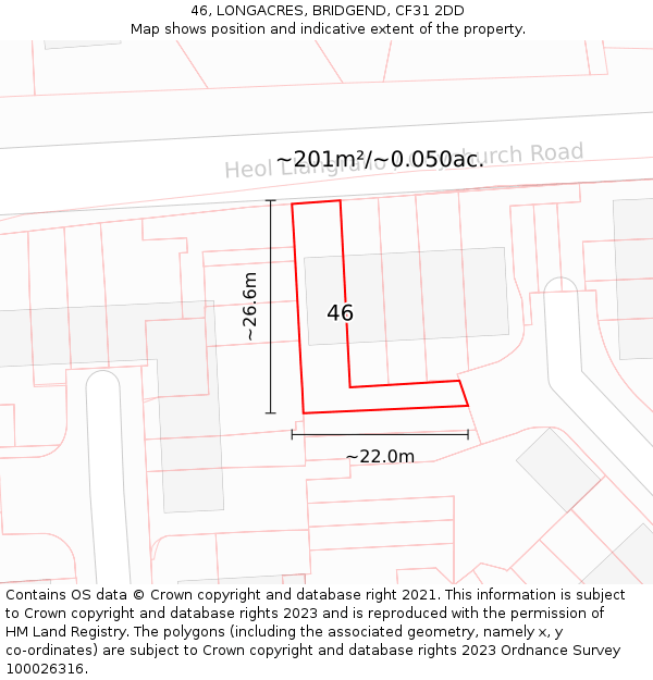 46, LONGACRES, BRIDGEND, CF31 2DD: Plot and title map
