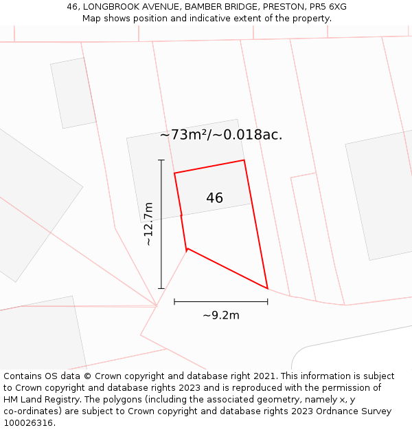 46, LONGBROOK AVENUE, BAMBER BRIDGE, PRESTON, PR5 6XG: Plot and title map