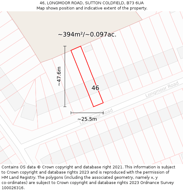 46, LONGMOOR ROAD, SUTTON COLDFIELD, B73 6UA: Plot and title map