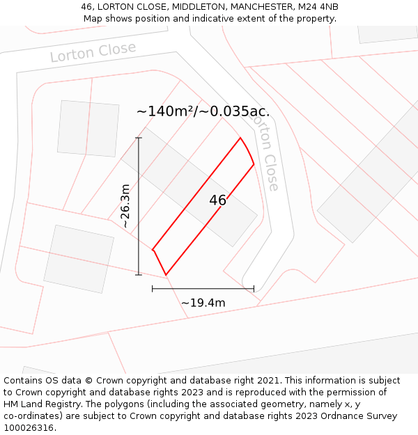 46, LORTON CLOSE, MIDDLETON, MANCHESTER, M24 4NB: Plot and title map