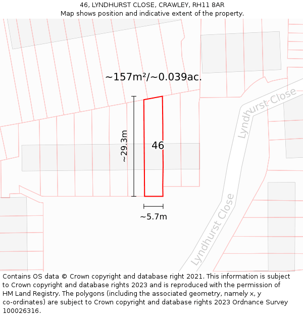 46, LYNDHURST CLOSE, CRAWLEY, RH11 8AR: Plot and title map