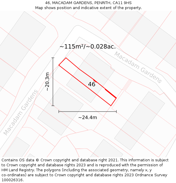 46, MACADAM GARDENS, PENRITH, CA11 9HS: Plot and title map