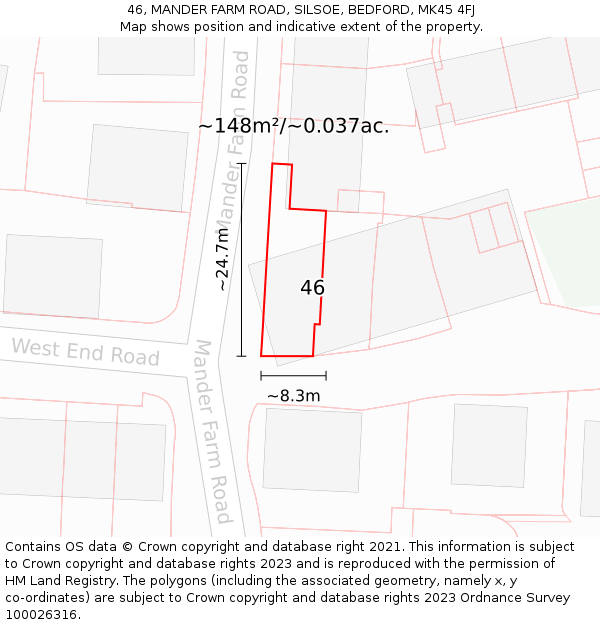 46, MANDER FARM ROAD, SILSOE, BEDFORD, MK45 4FJ: Plot and title map