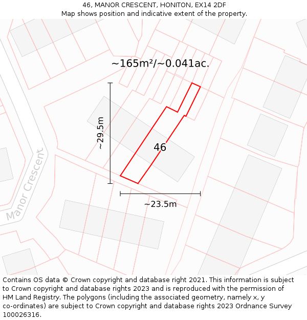 46, MANOR CRESCENT, HONITON, EX14 2DF: Plot and title map